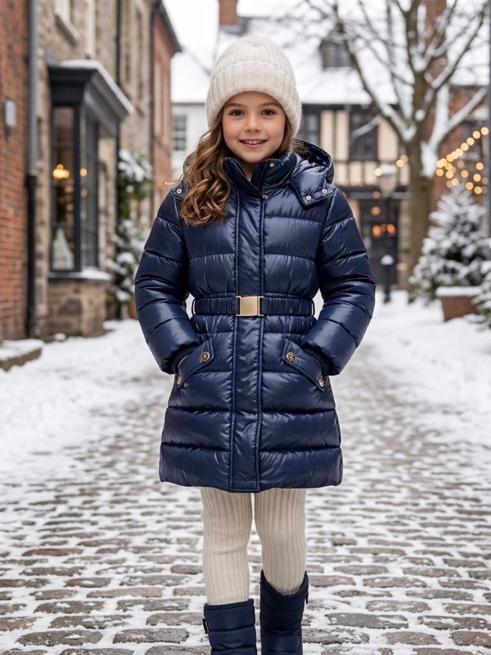 Girls Navy Blue Gloss Puffer Coat Belted Hooded Parka Heavyweight Size M